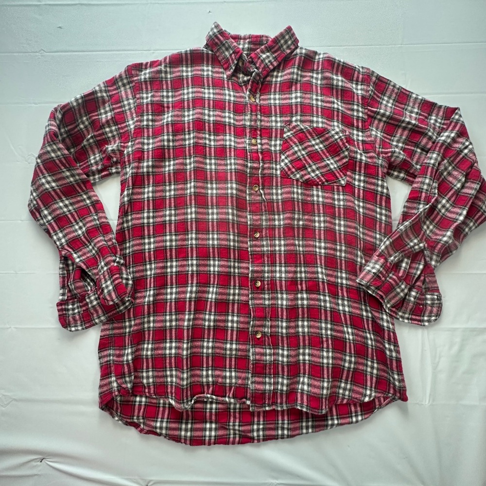 Rugged Point Mens Red Plaid Flannel Button Down Shirt Cotton Size L 0717